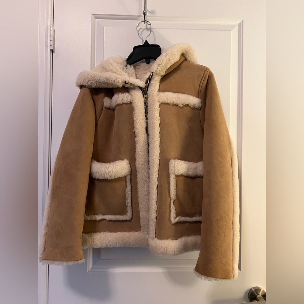 Sandro Brown & Beige shearling hooded jacket, size 3/ US 6-8